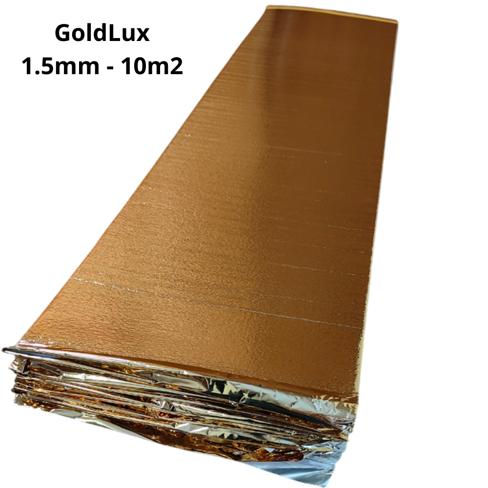 Premium 1.5mm LVT underlay with gold membrane, high-density construction for superior sound reduction and moisture protection