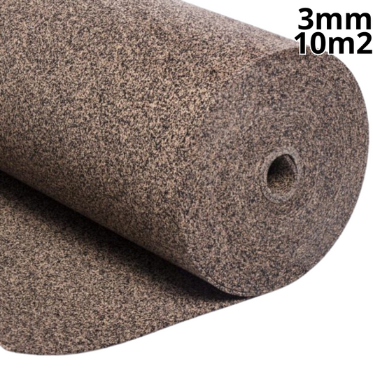 3mm rubber cork underlay covering 10m², combines durability of rubber with thermal and acoustic properties of cork for superior floor performance