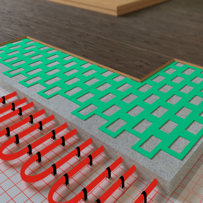 2.5mm XPS thermo-laminate underlay for underfloor heating systems, compatible with wood and vinyl, covers 6-42m², optimized heat transfer